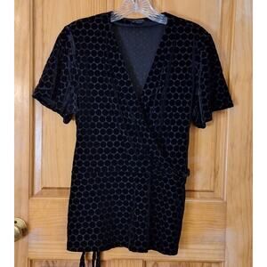 Ann Taylor Shirt Women's Large Black Velvet Polka Dot Faux Wrap Classic Office